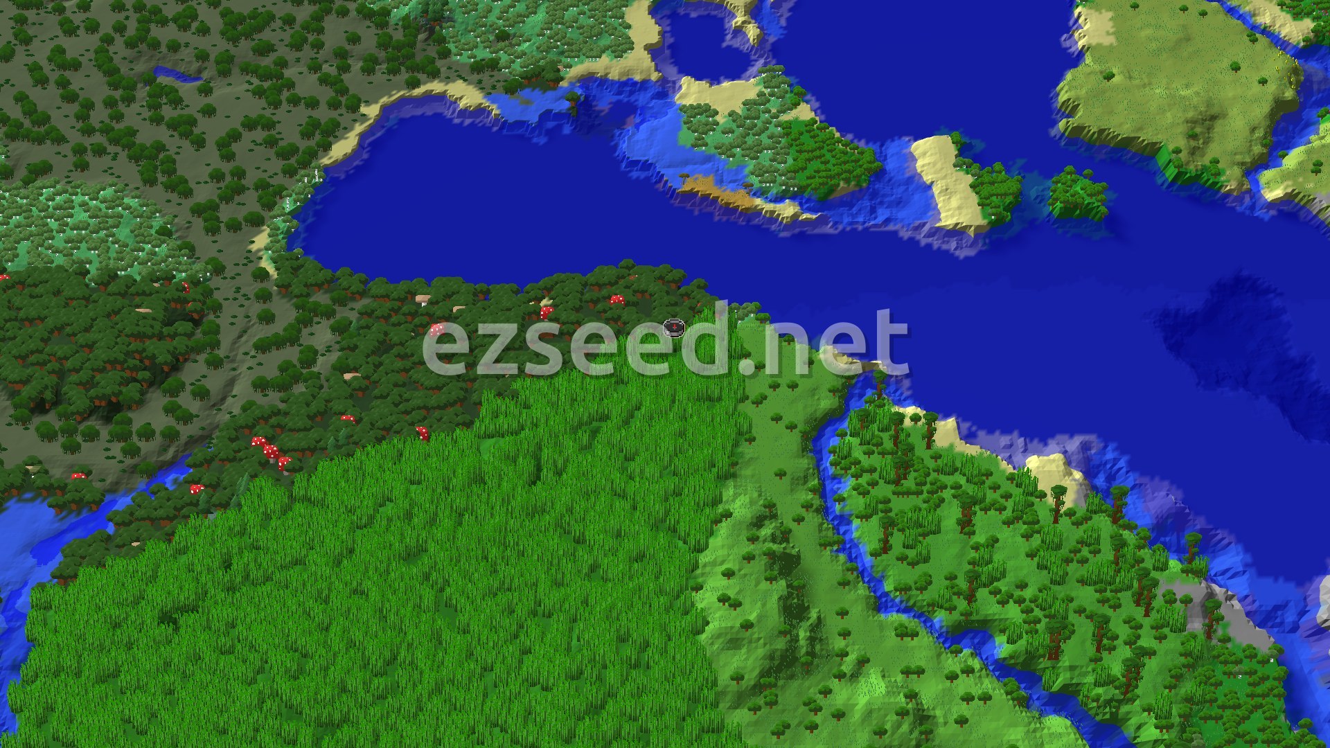A 3D render of a Minecraft world, showing a dark forest with giant mushrooms next to a large bamboo jungle, with a wide river flowing through. Beyond them lies an ocean with sandy beaches and small islands.