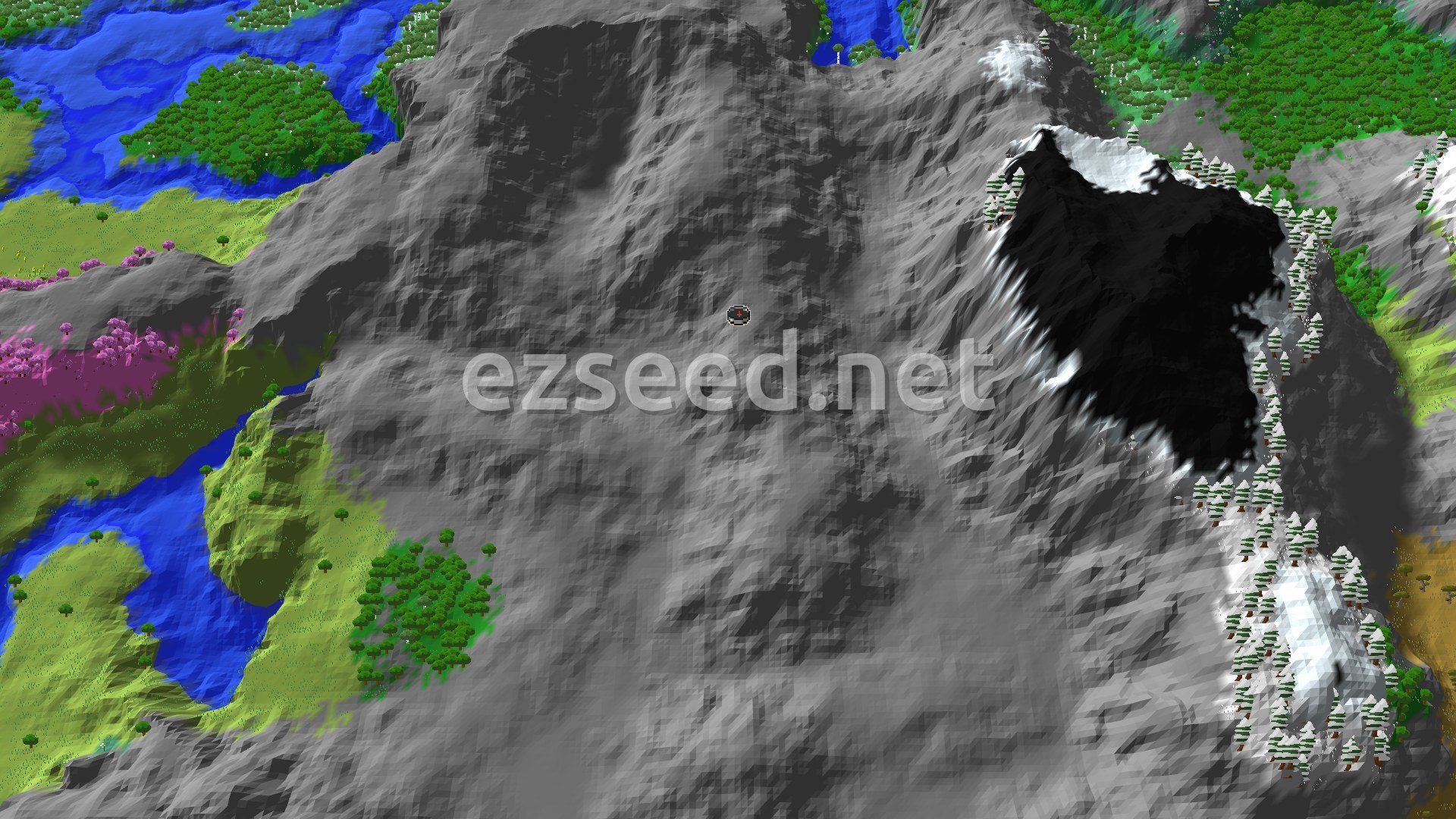 A 3D fly-over of a mountainous terrain with a snowy peak, forests, and a small spawn marker at the center.