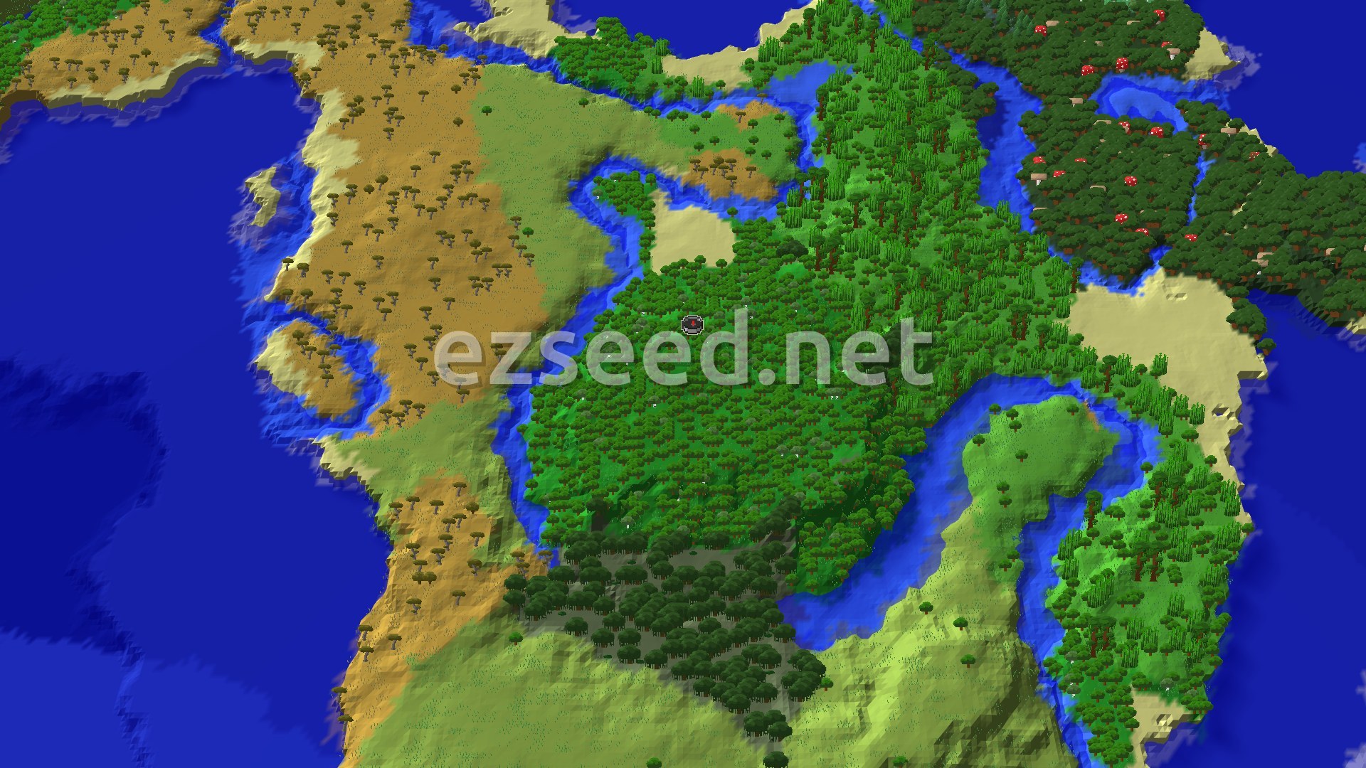 A 3D fly-over shows a diverse landscape with a large central forest, winding rivers, coastal areas, and a savanna biome to the west.