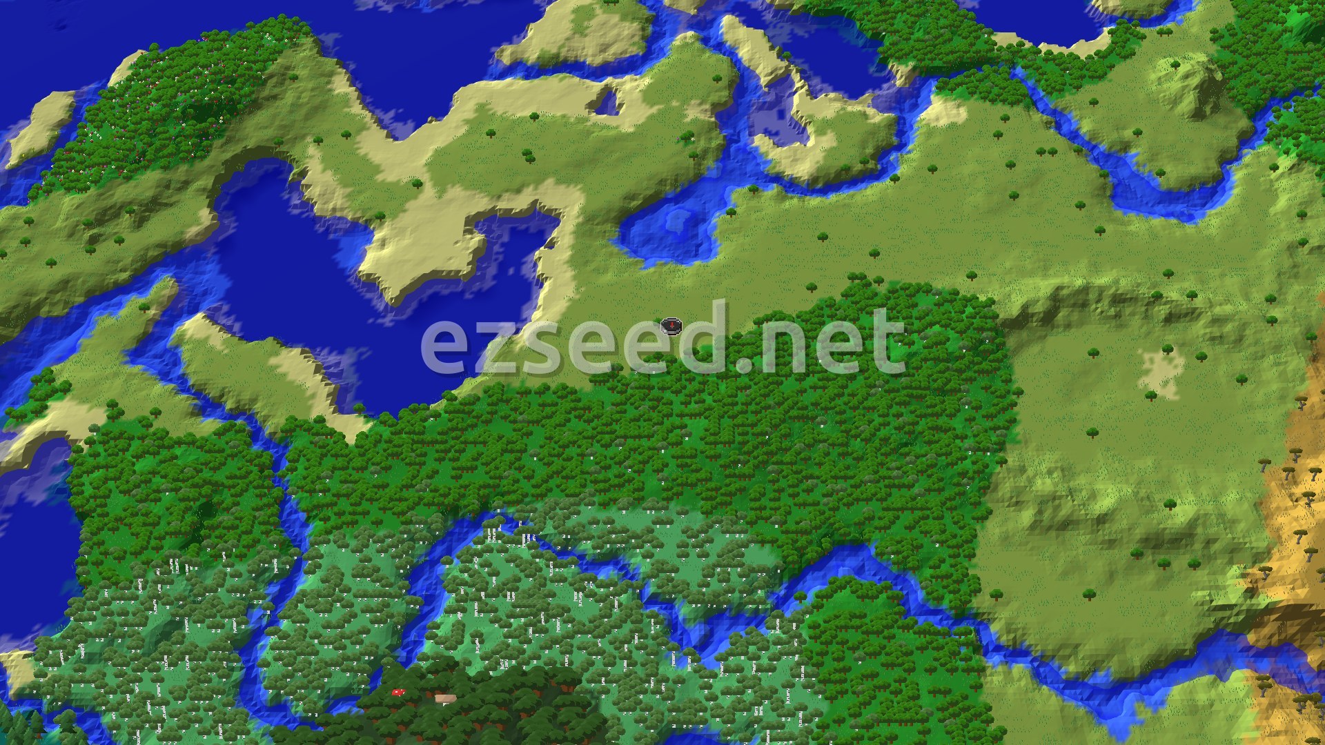 An overhead view of a diverse landscape with a central plains area, surrounded by forests, rivers, and distant oceans.