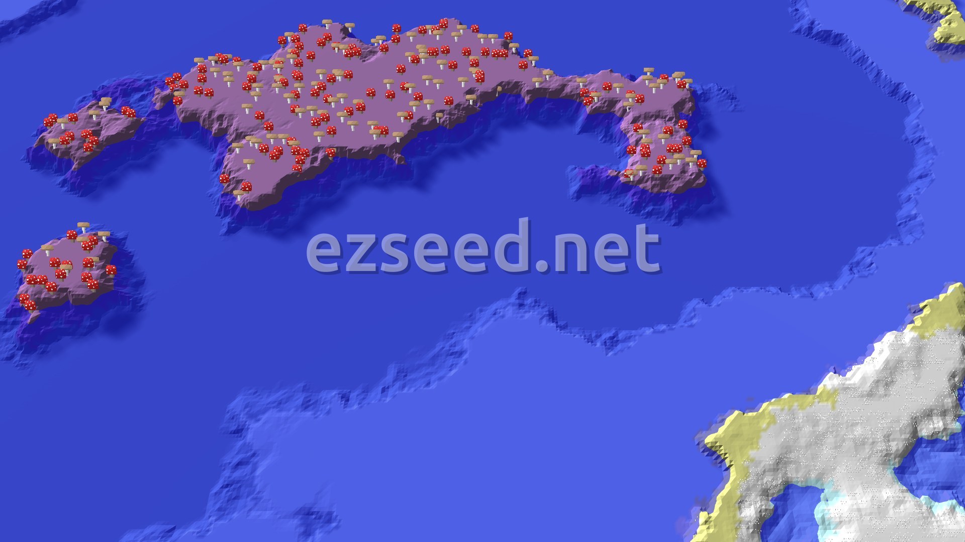 A vast, deep blue ocean surrounds a large, purple mushroom island covered in red and white mushroom trees. To the bottom right, a snowy landmass with some yellow-green terrain peeks into view.