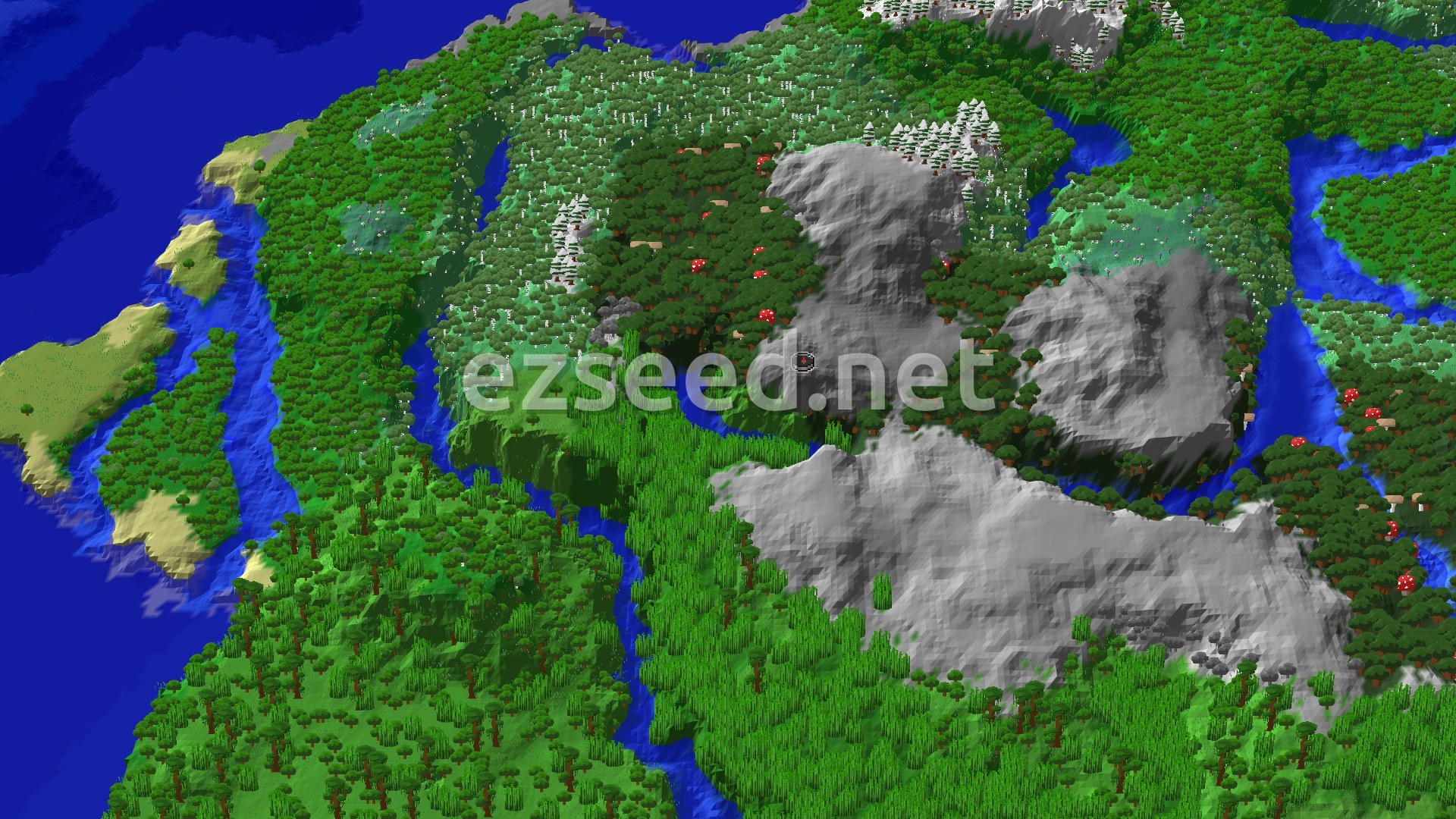 Aerial Minecraft seed map — Bamboo Jungle and Pale Garden Near Dark Forest