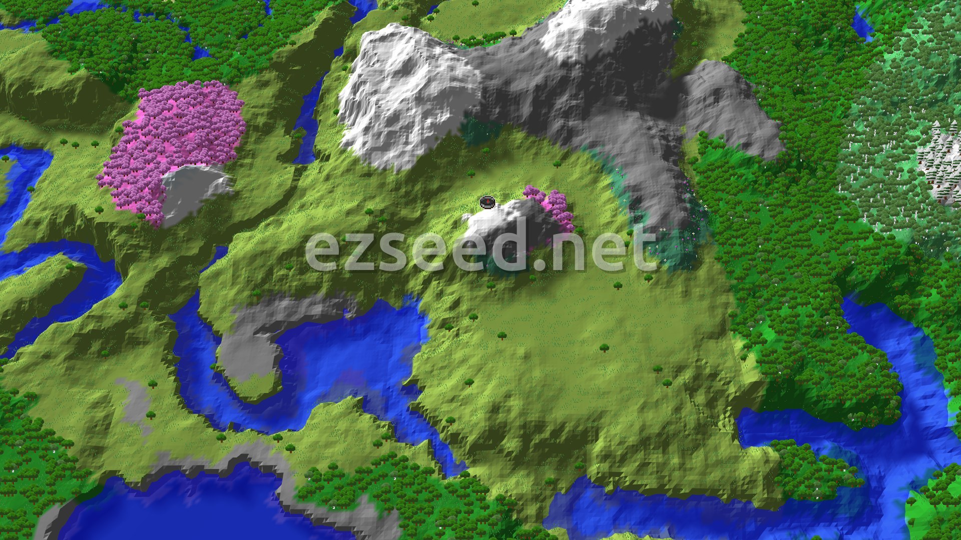 Aerial Minecraft seed map — Cherry Grove Peaks and Abandoned Village