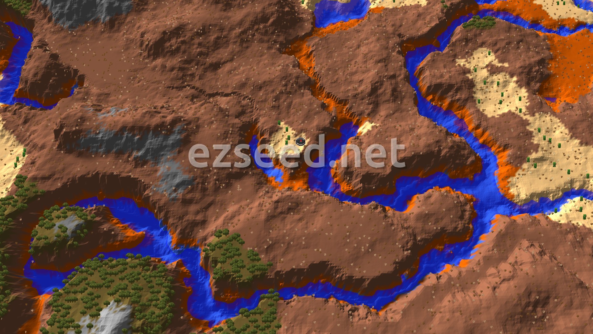 Aerial Minecraft seed map — Badlands with a Close Ancient City