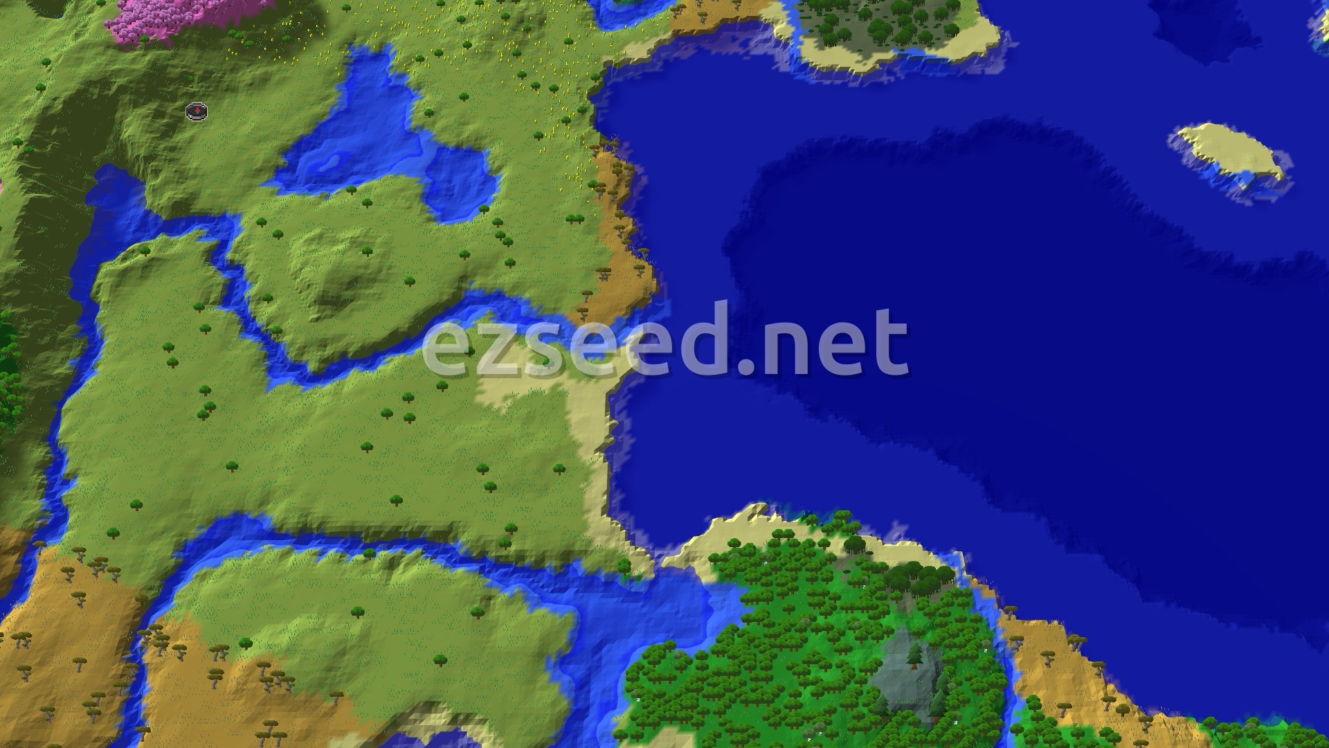 A 3D fly-over of a varied landscape, showing plains, forests, rivers, and a large ocean with small islands. A distinct pinkish area of Cherry Grove trees is visible on a hillside.