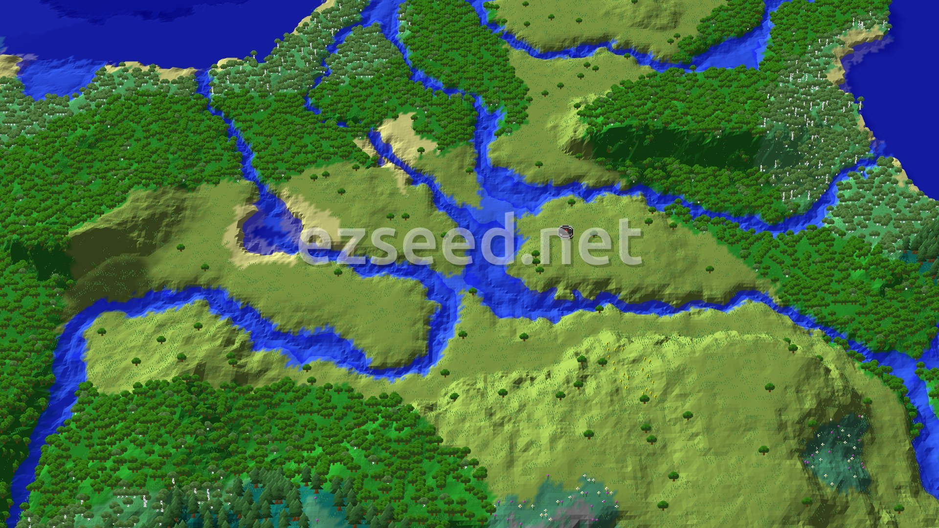 An aerial view shows rolling green plains and forests with winding blue rivers, leading to a distant ocean.