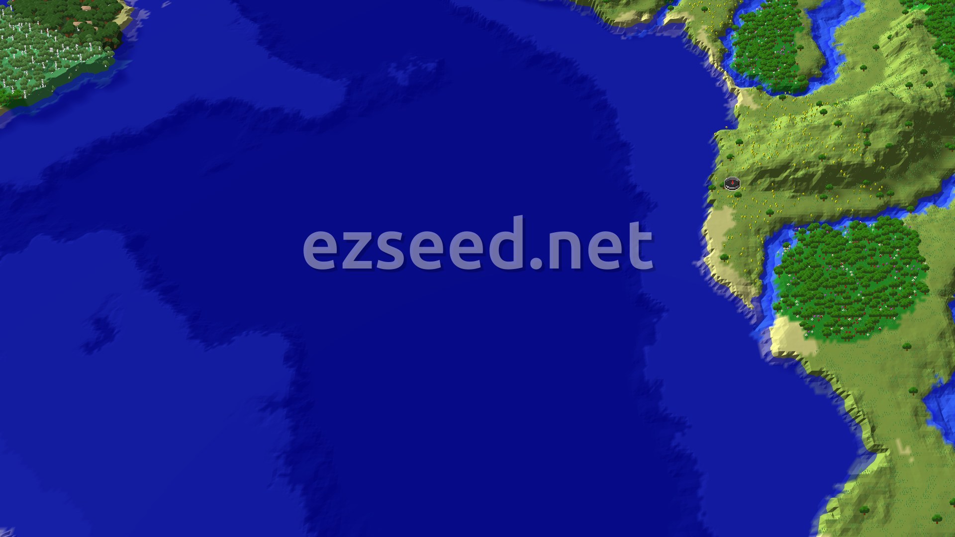 A 3D fly-over of a grassy plains and forest landscape with a winding river and a small spawn marker.
