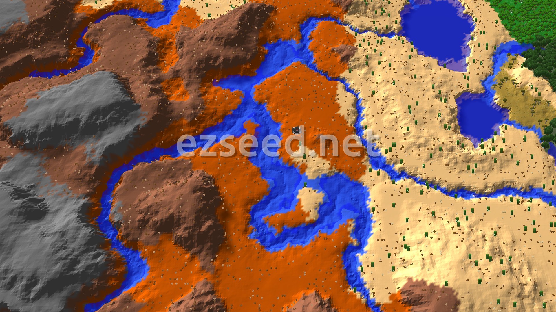 A 3D fly-over of the spawn area shows a mix of reddish-orange Badlands terrain, some with grey eroded sections, a light yellow desert with scattered cacti, and bright blue rivers and lakes cutting through the landscape. A small spawn marker sits in the center of the image.