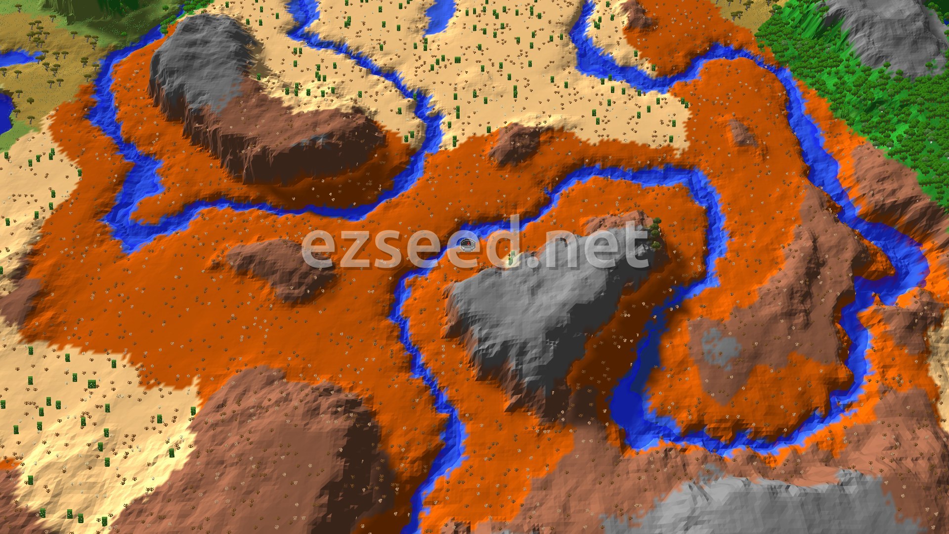 An aerial view of varied terrain, predominantly orange Badlands and sandy Desert, cut through by blue rivers and patches of green forest, with a small marker at the center indicating the spawn point.