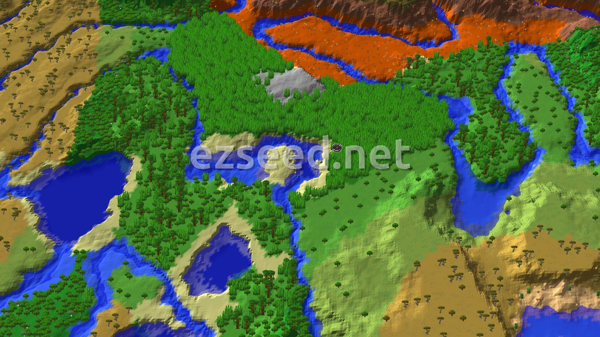 An aerial view shows a dense Bamboo Jungle at the center, surrounded by rivers and varying terrain including plains and savanna, with a small spawn marker visible.