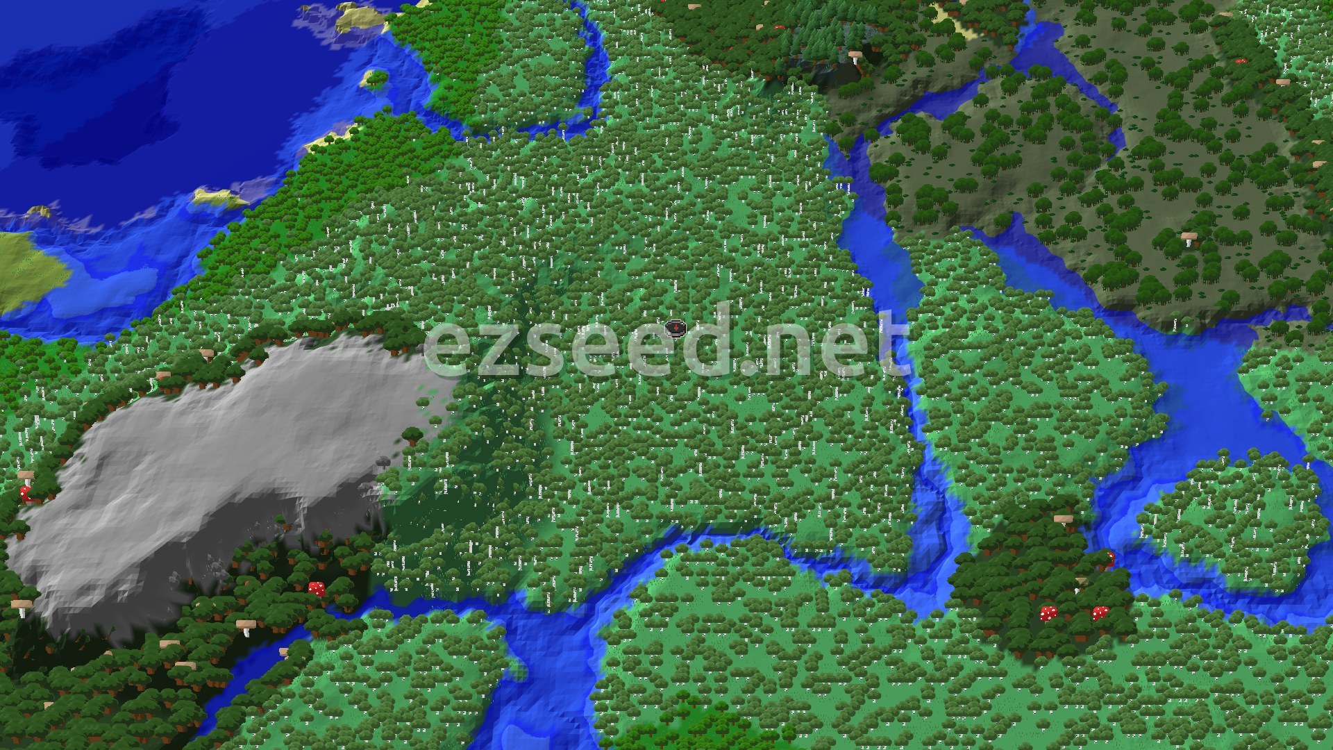 Aerial Minecraft seed map — Pale Garden and Lush Caves Near Birch Forest Spawn