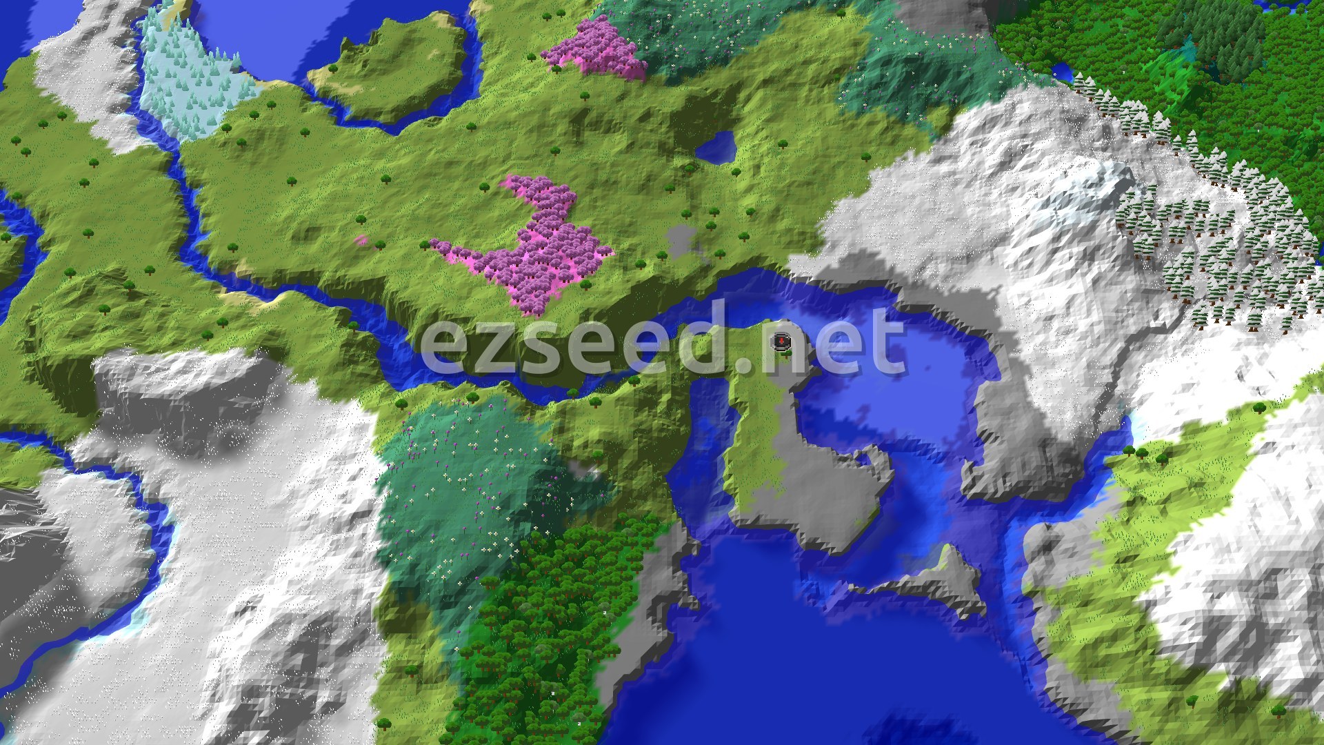 Aerial Minecraft seed map — Cherry Grove and Ancient City Near Spawn