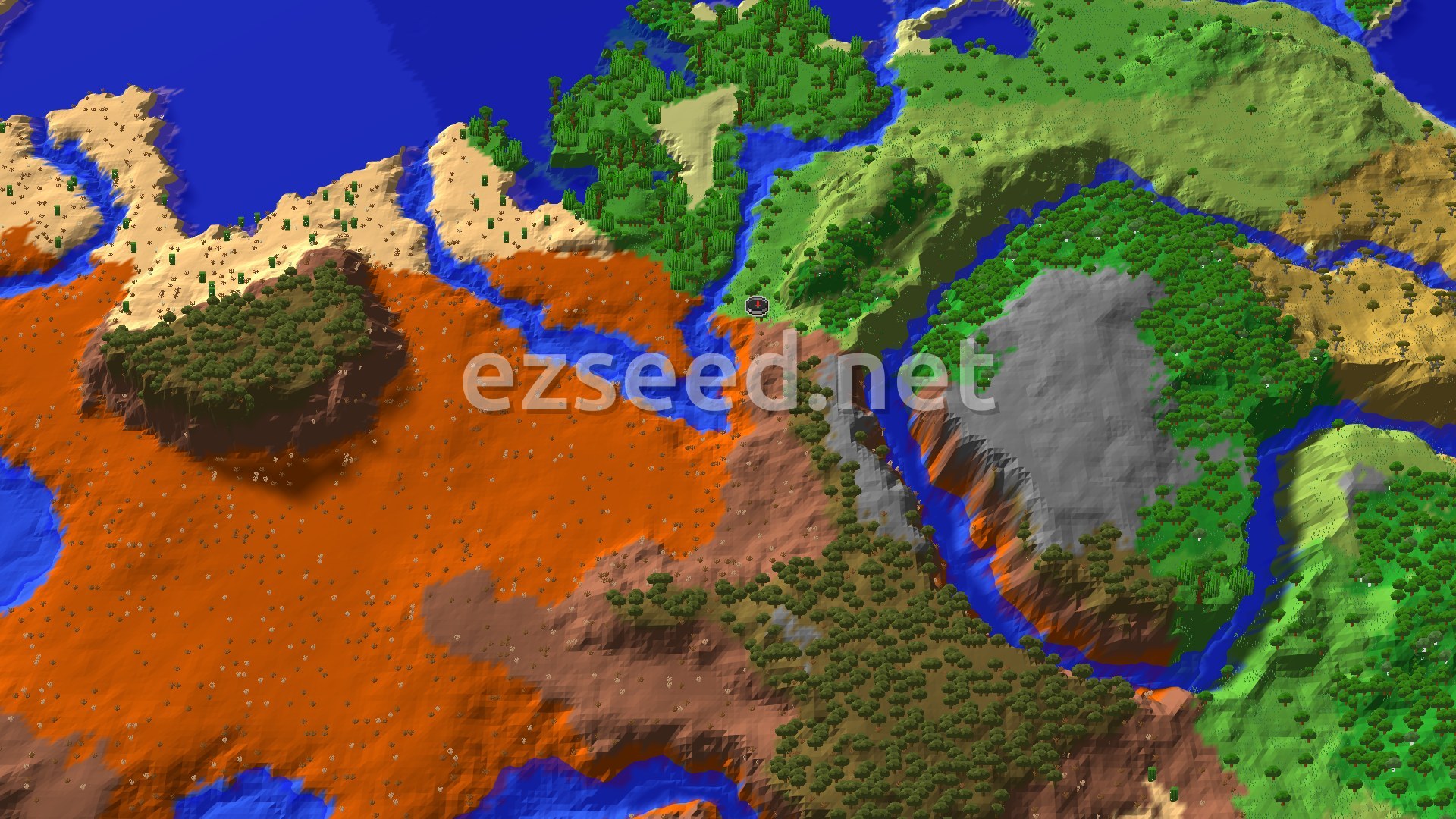 A 3D fly-over of the spawn area shows a mix of wooded badlands, green plains, a dense jungle, and dry desert regions, with several rivers cutting through the landscape. A small spawn marker sits near the center.