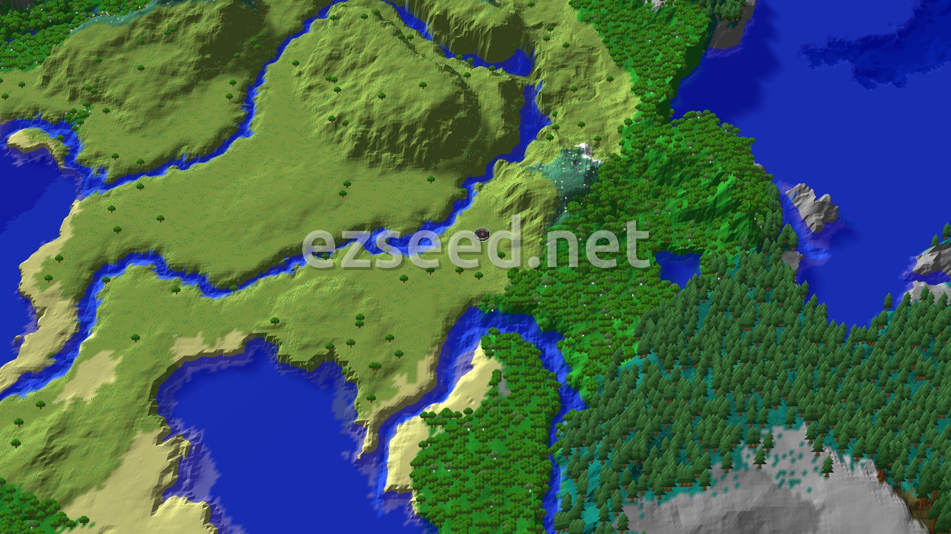 An aerial view of rolling green plains, rivers, and dense forests surrounding the spawn point, with some distant snowy peaks and ocean.
