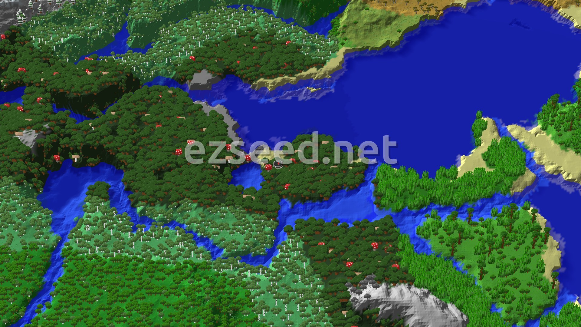 An overhead view of a dense dark forest biome with scattered giant red mushrooms, surrounded by winding rivers and a large ocean. Sandy beaches line some shores, and a small spawn marker is visible near the center.