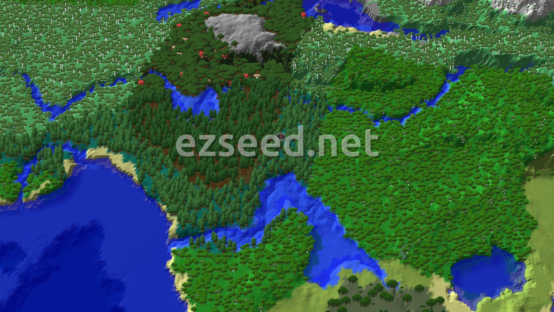 An overhead view of a diverse forest landscape with rivers, a sandy beach, and a distant snowy mountain peak, with the spawn marker near the center.