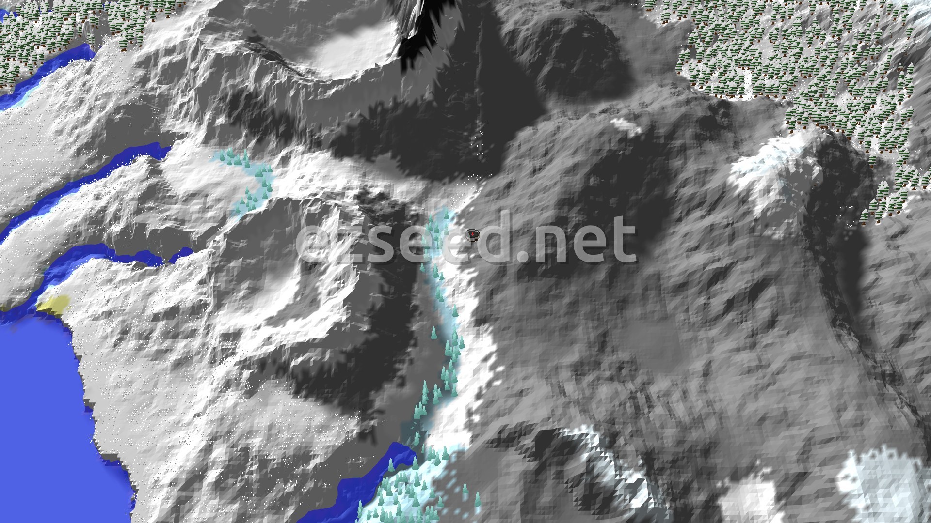 A 3D fly-over of a snowy mountain range, with a small patch of evergreen trees and a frozen river winding through valleys. The spawn marker is at the center, surrounded by snowy slopes and jagged peaks.