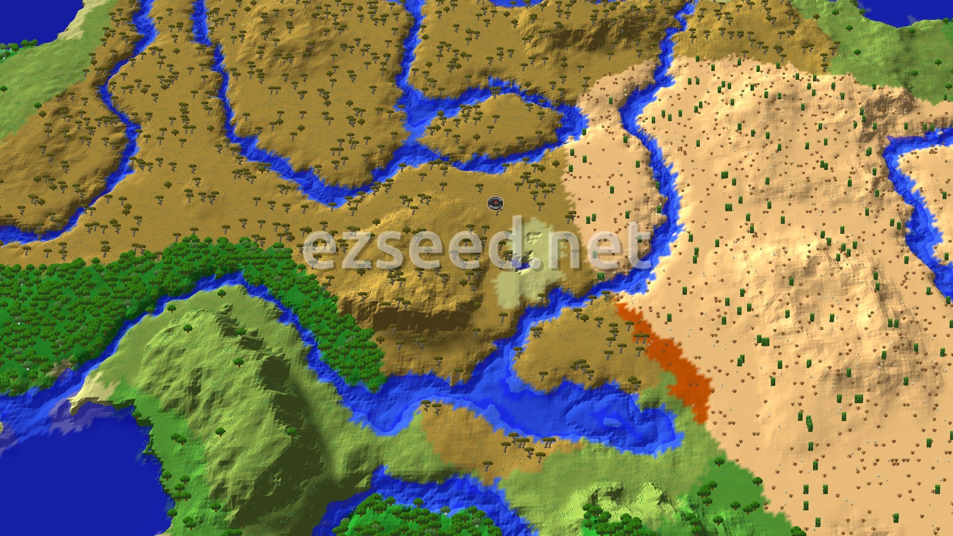 A 3D fly-over of a savanna and desert landscape, cut by rivers, with a forest to the south and a small spawn marker in the savanna.
