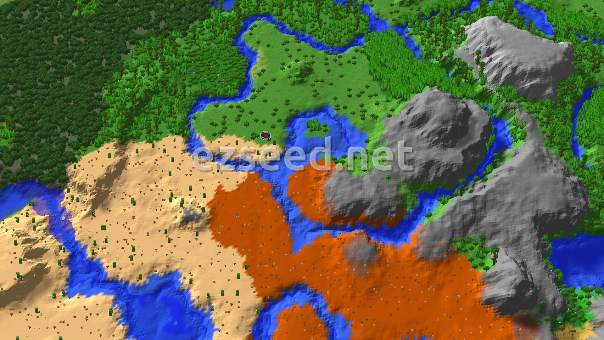 An aerial view showing a lush green jungle transitioning into a tan desert and orange badlands, with a winding blue river and grey mountains.