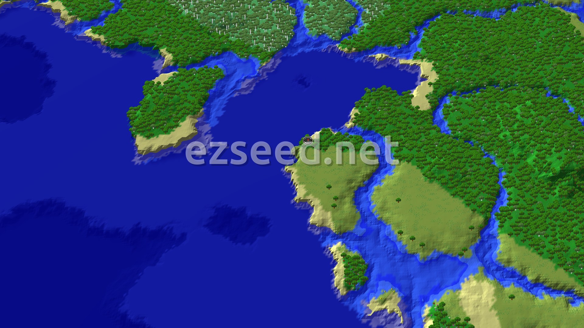 An aerial view of a green island surrounded by deep blue ocean, with patches of sand along the coast and a small spawn marker near the center.
