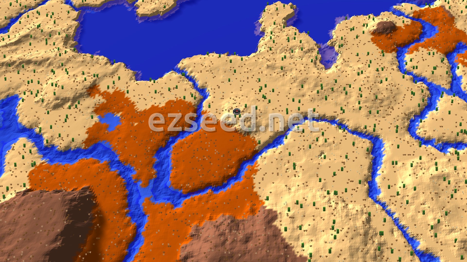 An aerial view of a desert landscape featuring sandy hills, a winding blue river, and patches of orange badlands terrain. Sparse green cacti dot the desert, with a small black spawn marker in the center.