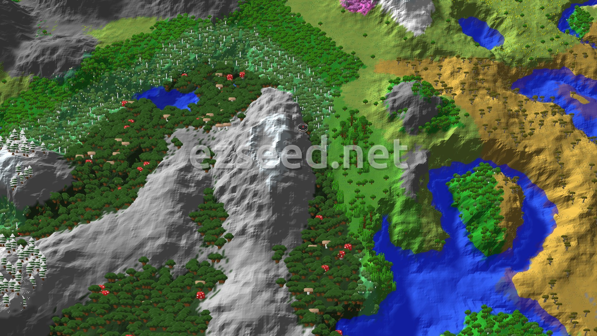 A bird's-eye view of a diverse landscape featuring a snowy mountain range, dark forests, a small lake, and a savanna biome with a river winding through it.