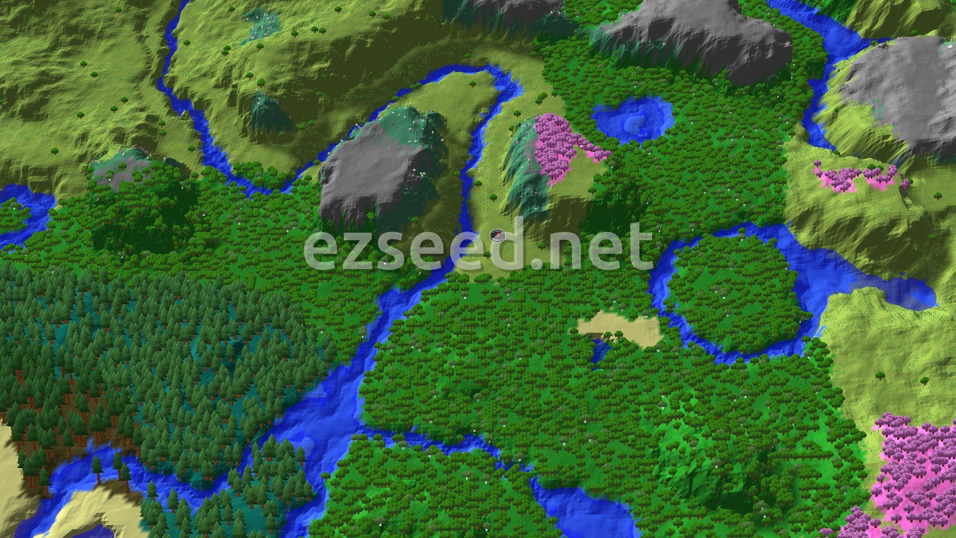 A bird's eye view of a varied landscape featuring green forests, winding blue rivers, patches of flat plains, and hills with distinctive pink-leafed trees marking a Cherry Grove.