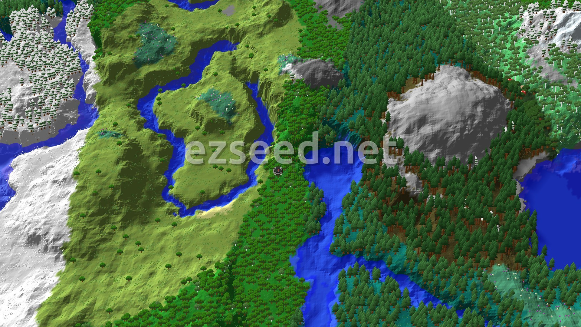 A 3D overhead view of a diverse Minecraft world, showing a dark forest with a river cutting through it, leading into a plains biome with snow-capped mountains in the distance. A small marker indicates the spawn point in the forest.