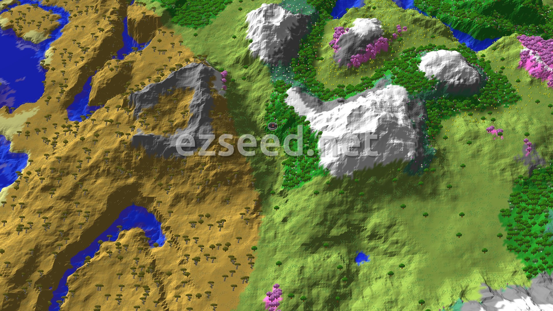 An aerial view of a varied landscape, with a central green Flower Forest featuring many colorful flowers and trees. To the west, a large, dry Savanna biome with acacia trees borders a blue ocean. Eastward, tall, snow-capped mountains rise above a green landscape, with patches of pink-leaved Cherry Groves visible.