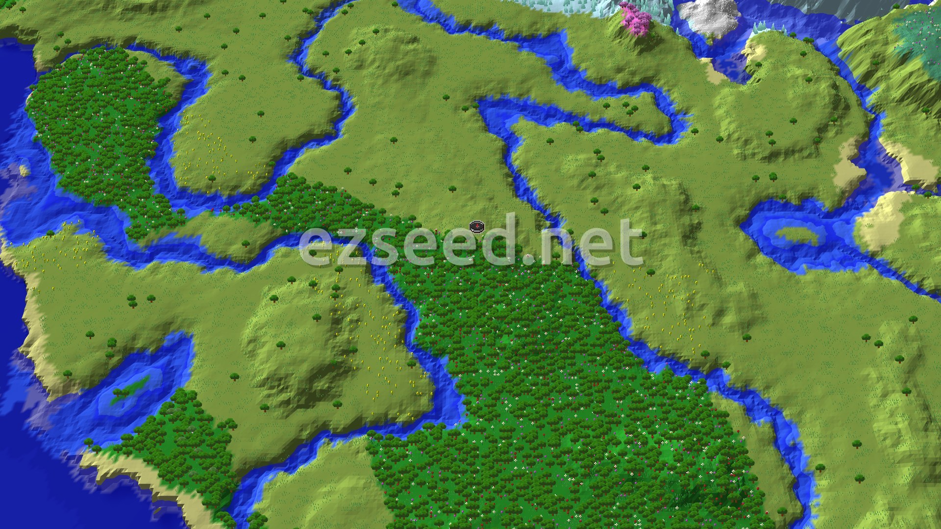 A 3D overhead view of mostly green plains and forest biomes, with winding blue rivers and some lighter sandy beach areas. A small spawn marker sits near the center.