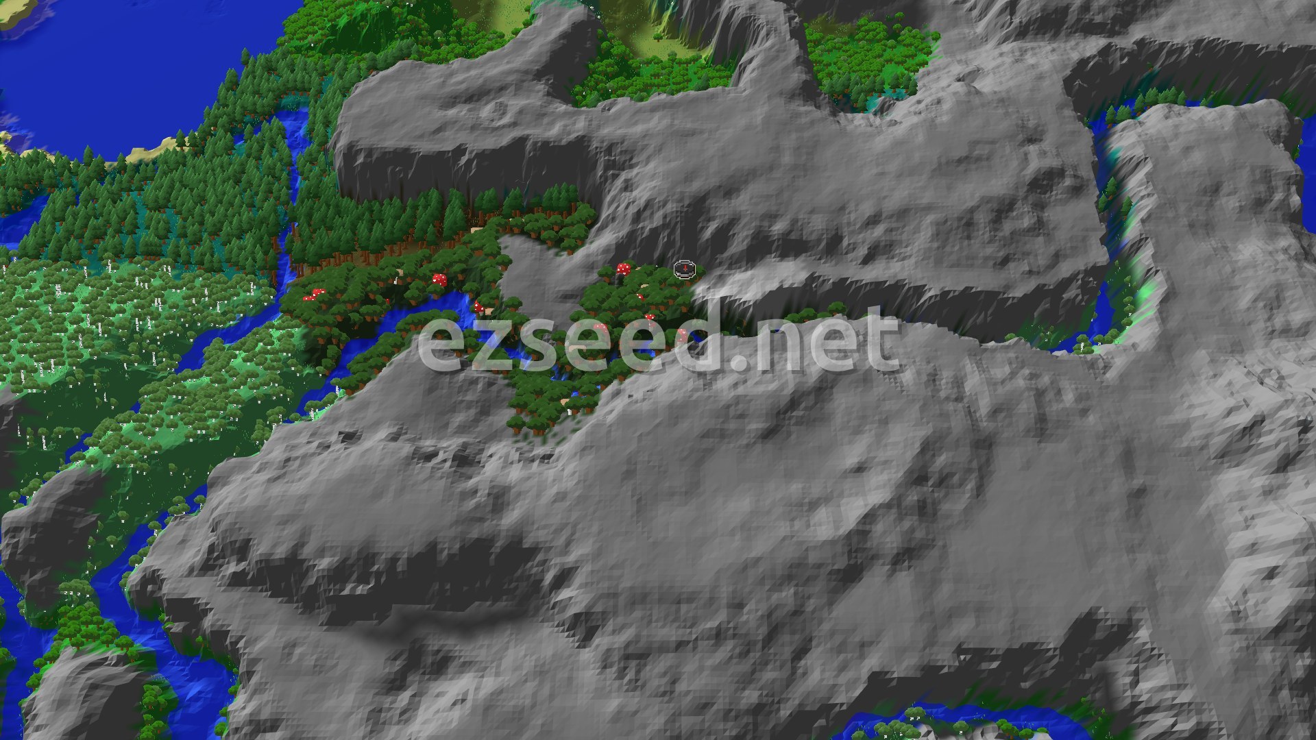 A 3D fly-over of a varied landscape, showing a dark forest with giant mushrooms near the center, bordered by grey mountains and a winding river.