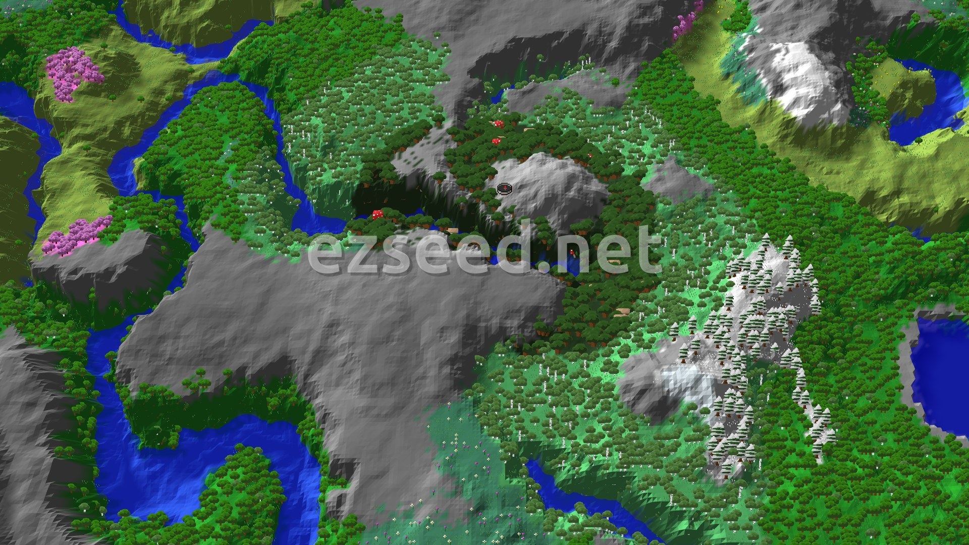 An overhead view of a dark forest clearing at spawn, surrounded by varied hills and a river.