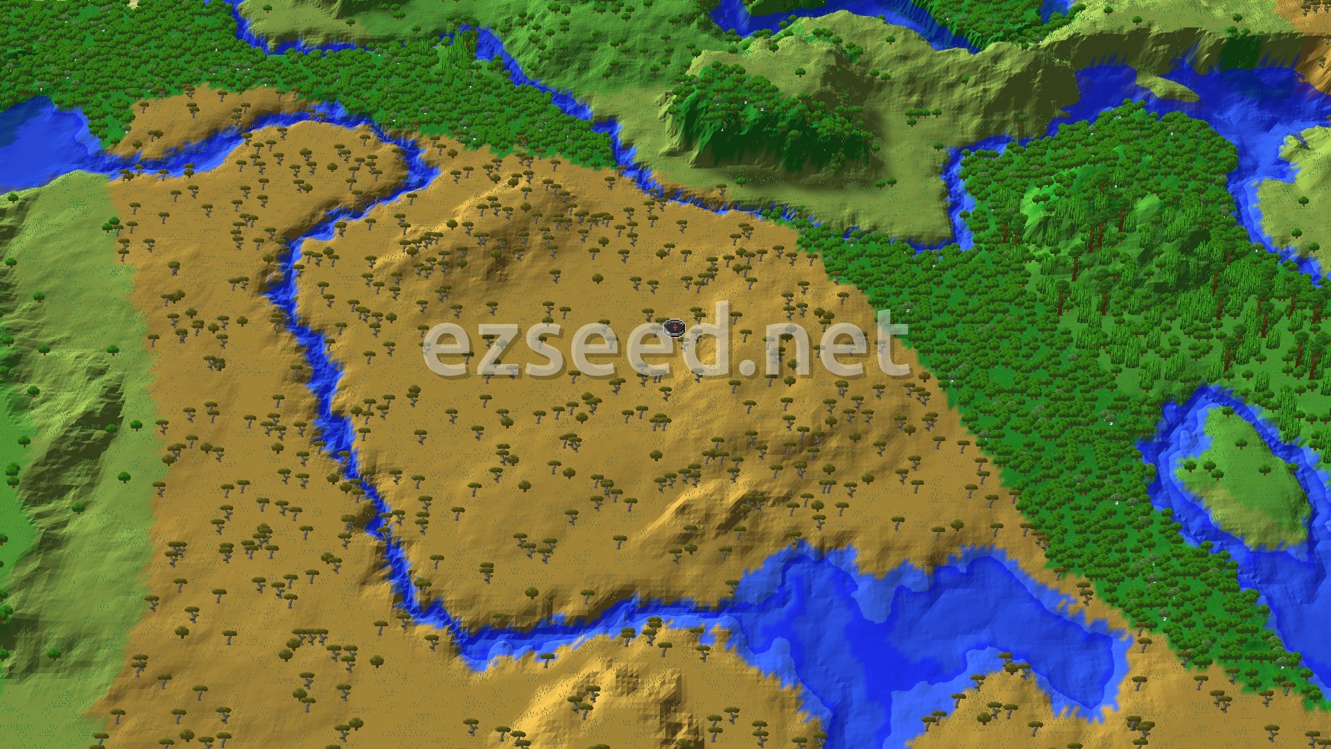 An aerial view of a mostly flat savanna biome with scattered acacia trees, bordered by a winding blue river and dense green forests, with a small black marker at the center of the savanna.
