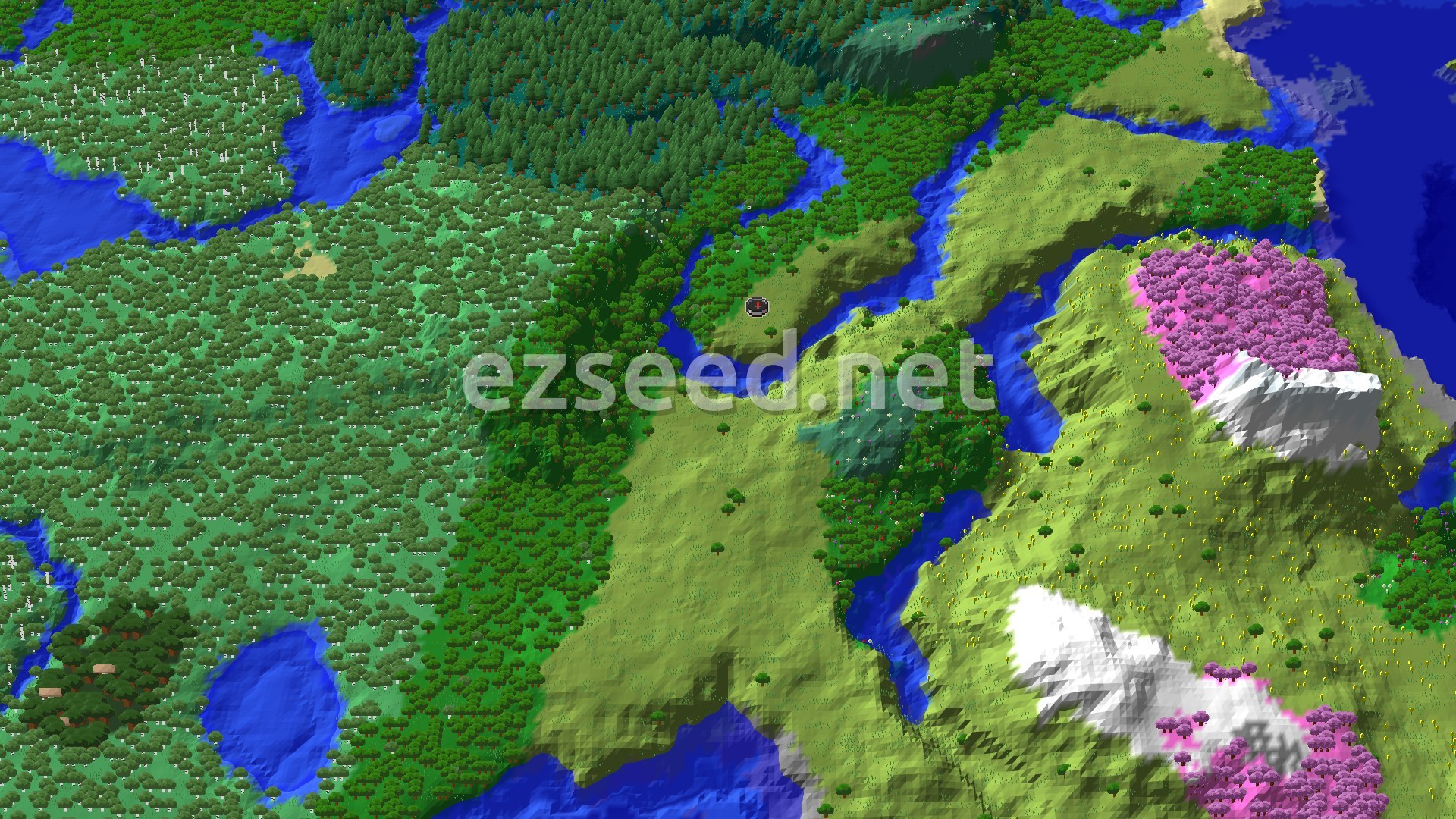 A 3D fly-over shows a varied landscape with plains, forests, rivers, and a vibrant pink cherry grove next to snow-capped mountains. A small spawn marker sits in the center.
