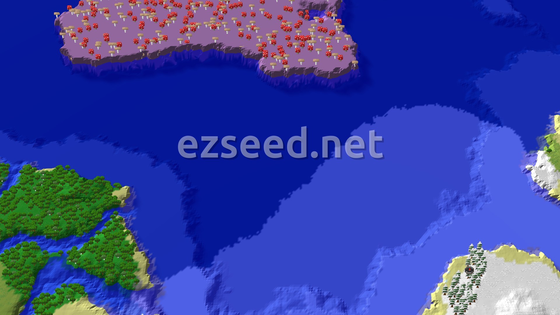 An overhead 3D view shows a snowy taiga biome with scattered trees at the bottom right, flanked by frozen ocean. A large mushroom fields island with many red and brown mushrooms is visible in the top left, separated by a wide expanse of deep blue ocean.