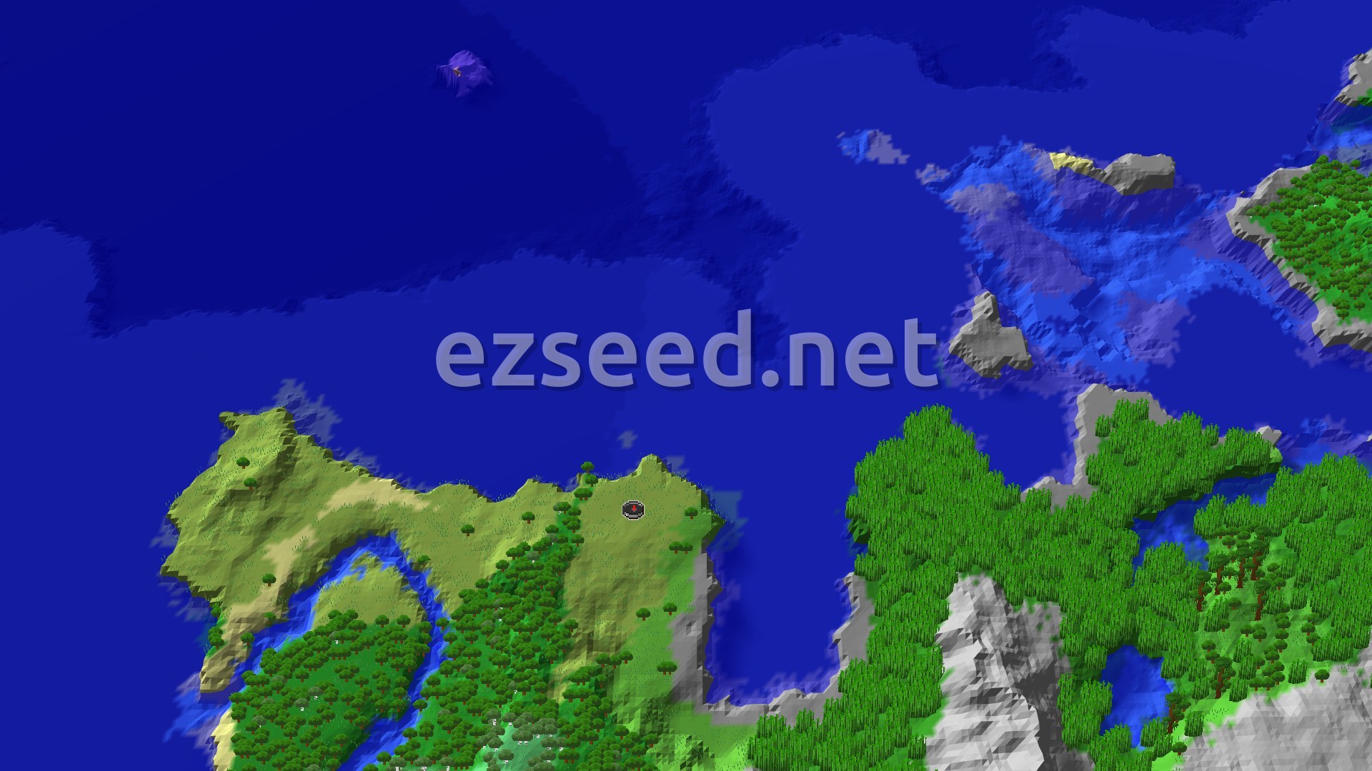 An aerial view shows a landmass dominated by forests and plains, bordered by an expansive ocean with scattered islands. A river winds through the landscape, and a red marker indicates the spawn point.