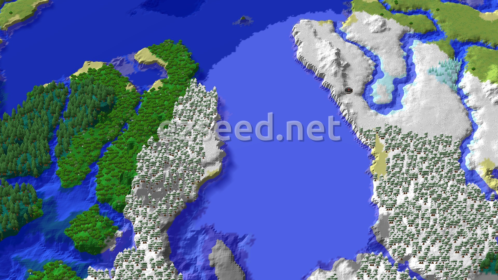 A snowy plains landscape with scattered trees, a frozen ocean in the distance, and gentle hills under a clear sky.