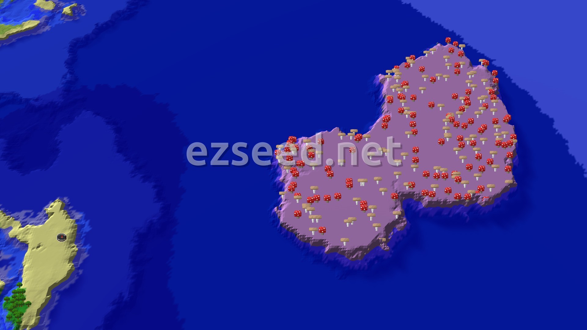 A 3D render of the world around spawn, showing a large mushroom island in deep blue ocean, with a small landmass to the west and a spawn marker.