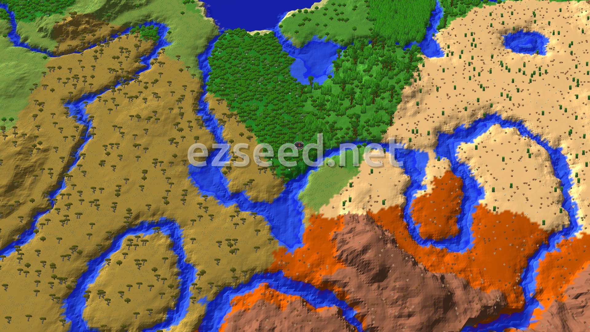 An aerial view of the spawn area, showing a dense green forest, winding blue rivers, flat savanna, and the distinctive red and orange hues of badlands terrain. A small spawn marker sits in the center of the forest.