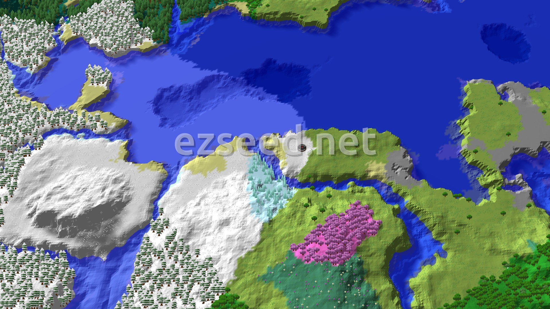 An aerial view of a snowy landscape with a distinct ice spikes biome, a pink cherry grove, and a large body of water.