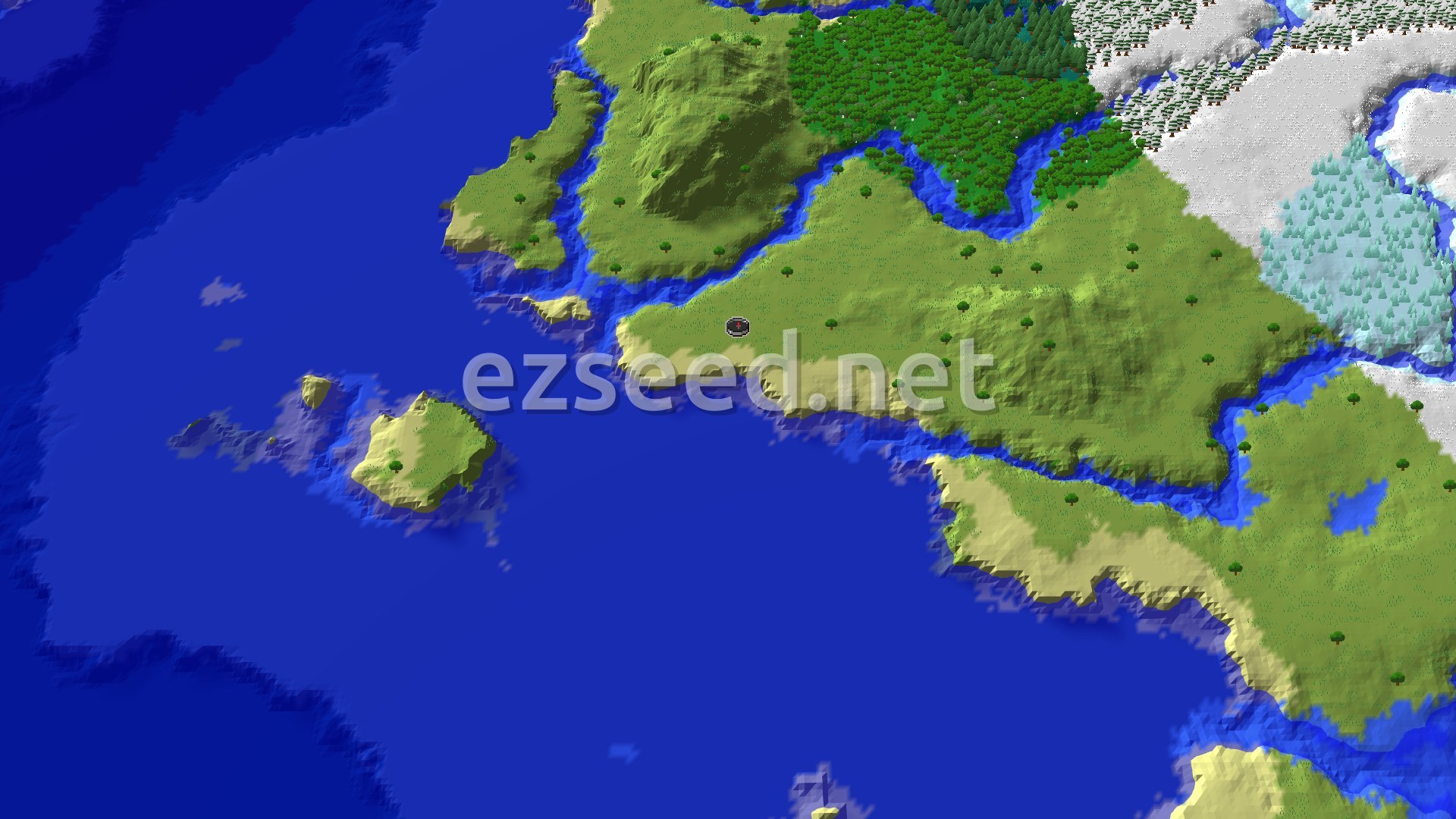 A bird's eye view of a varied landscape, showing a large blue ocean with small islands, a green landmass with a prominent river system, and a snowy, forested region to the northeast.