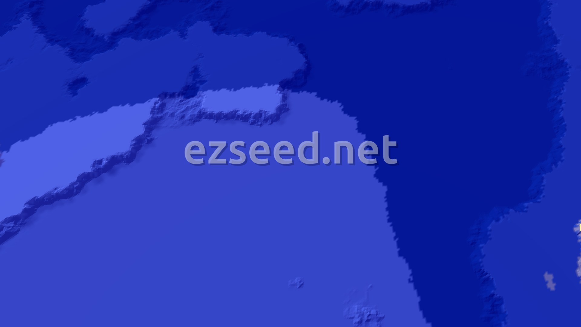 A 3D fly-over of a dark blue ocean, with lighter blue landmasses and a few scattered green trees visible on the shore.