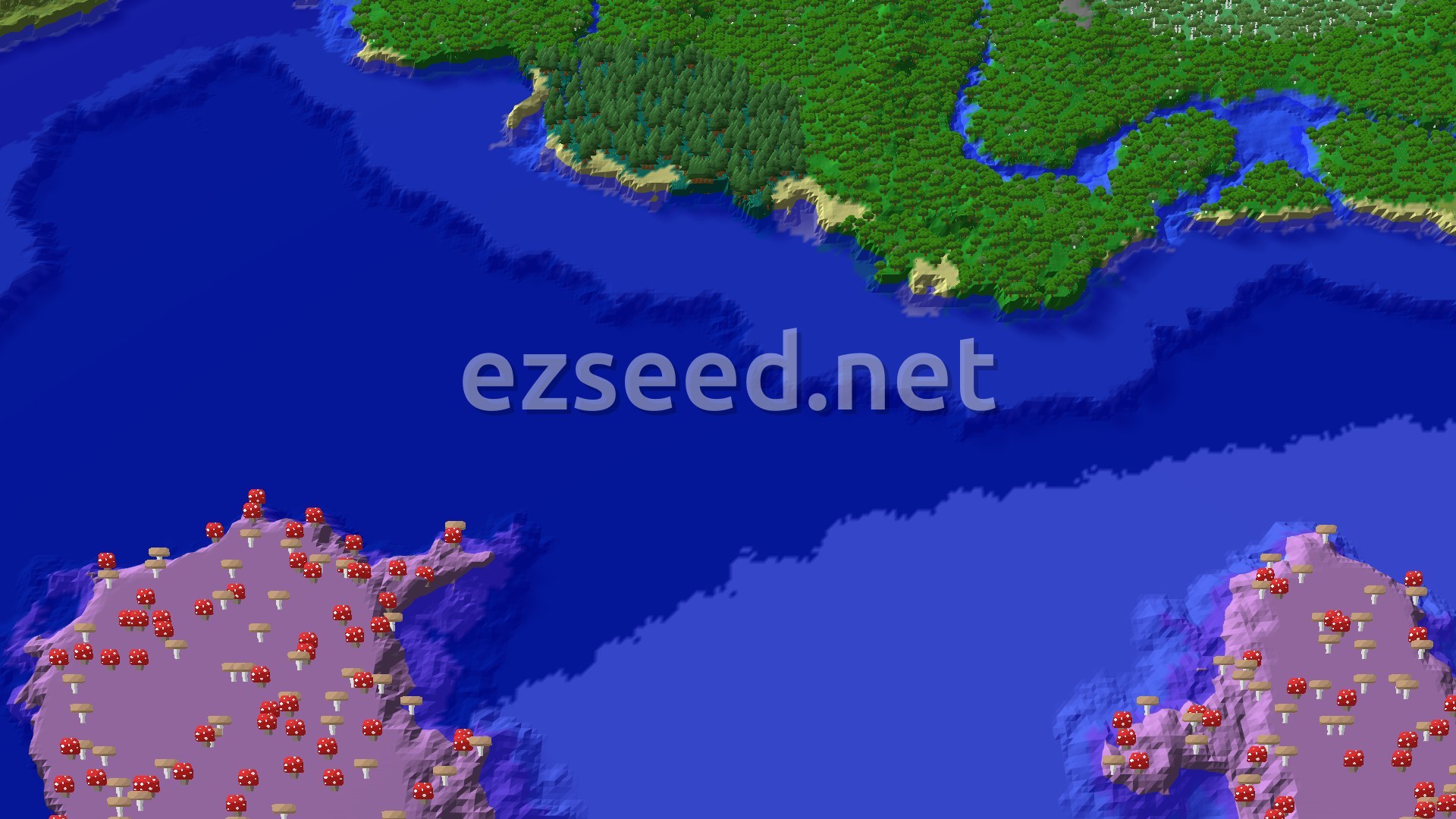An aerial view shows a dense green forest next to a sandy beach and blue ocean, with a large purple Mushroom Fields island dotted with red mushrooms in the distance.