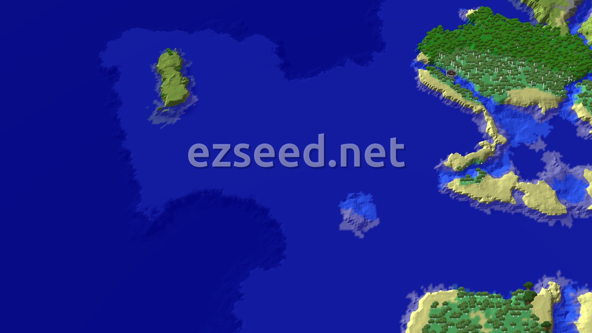 A bird's eye view of a large island covered in various forests, including birch and darker trees, surrounded by ocean and scattered smaller islands and beaches. A spawn marker is visible near the center of the main island.