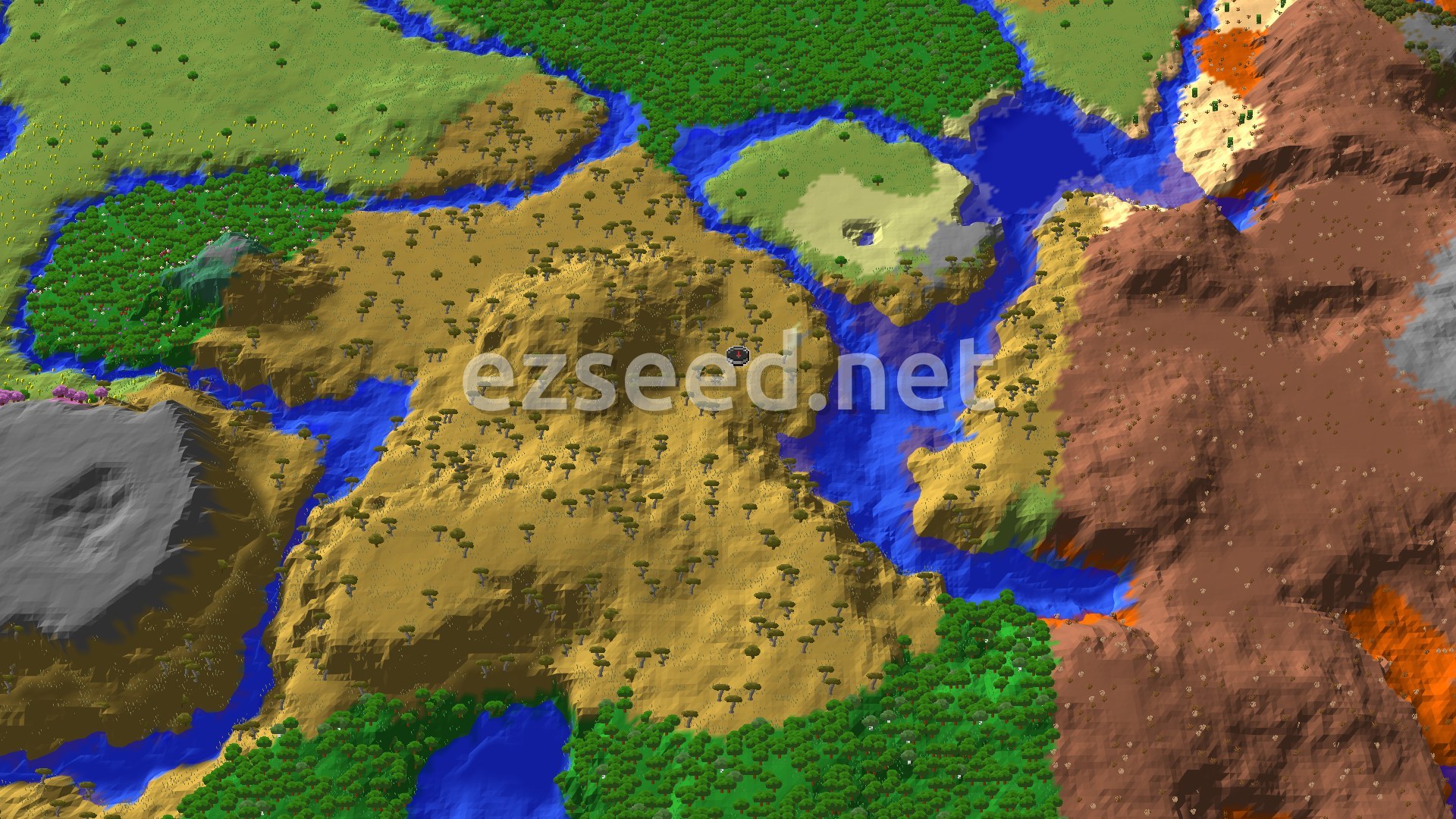 A 3D fly-over of a varied Minecraft landscape. A large savanna with scattered acacia trees dominates the center, bordered by rivers, dense forests, and a colorful badlands area to the east. A small spawn marker is visible in the savanna.
