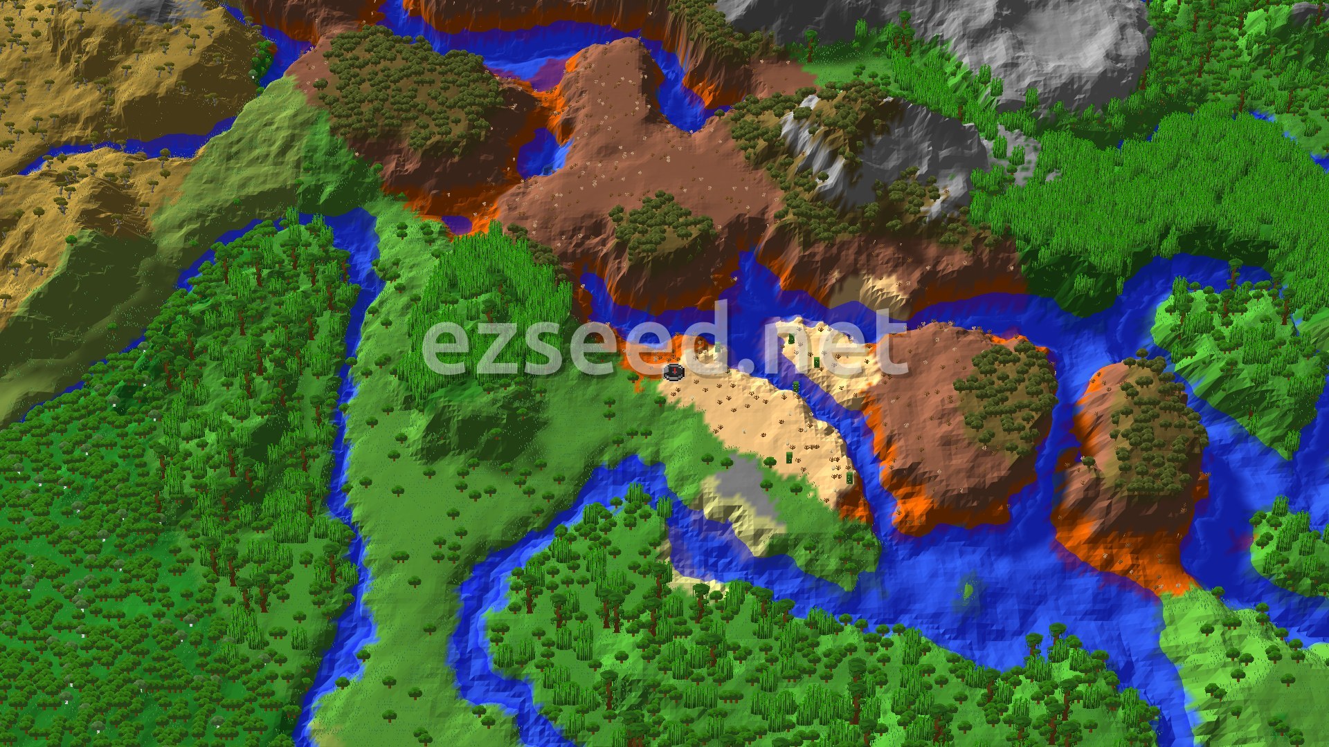 An aerial view centered on a desert spawn point, with a winding river, dense green jungle, and reddish-brown badlands terrain all visible within a short distance.