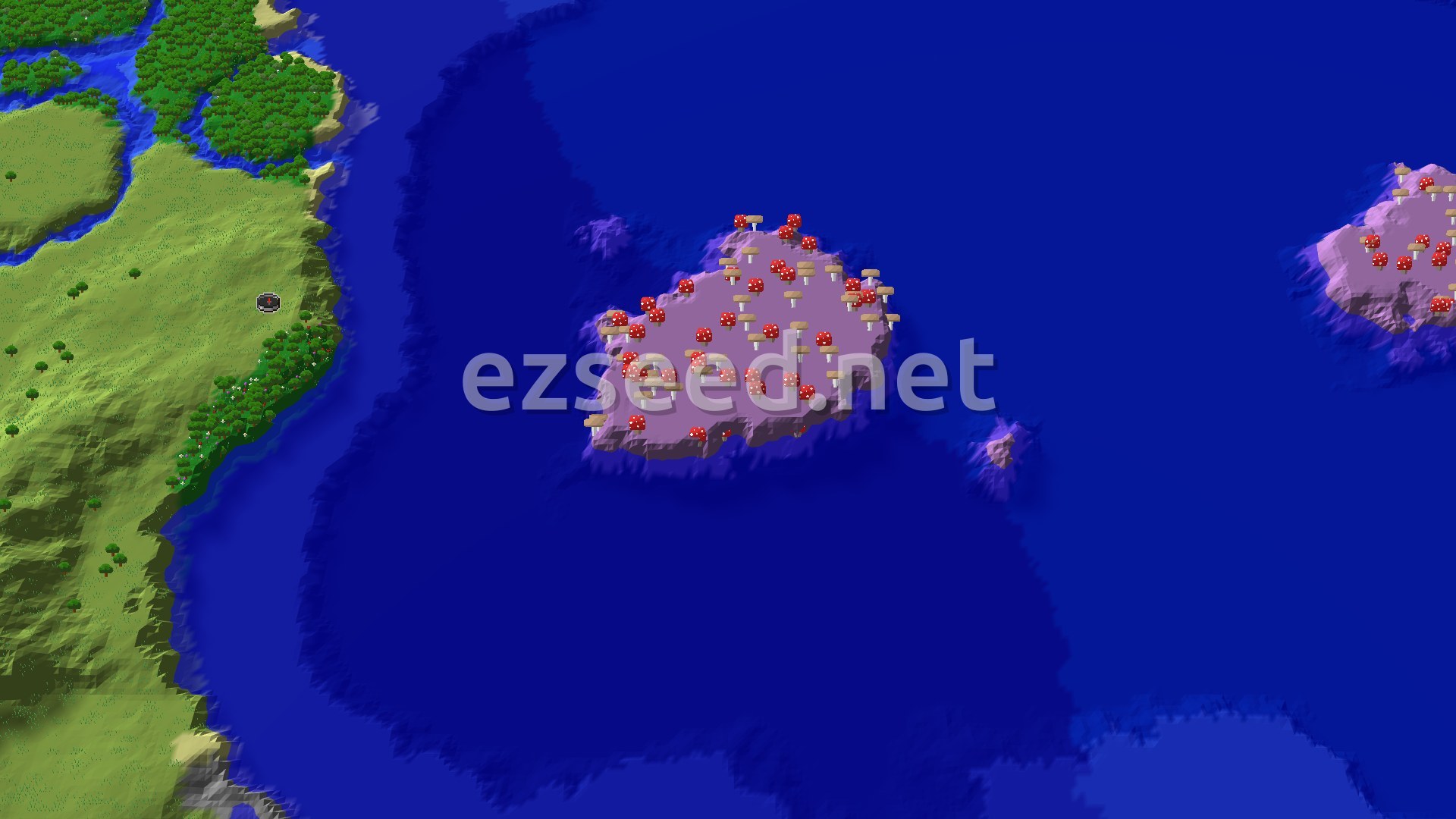 A 3D overhead view of a green plains biome with scattered trees on the left, bordering a blue ocean. A mushroom fields island with red and brown mushrooms is visible in the middle, and another smaller mushroom island to the right.