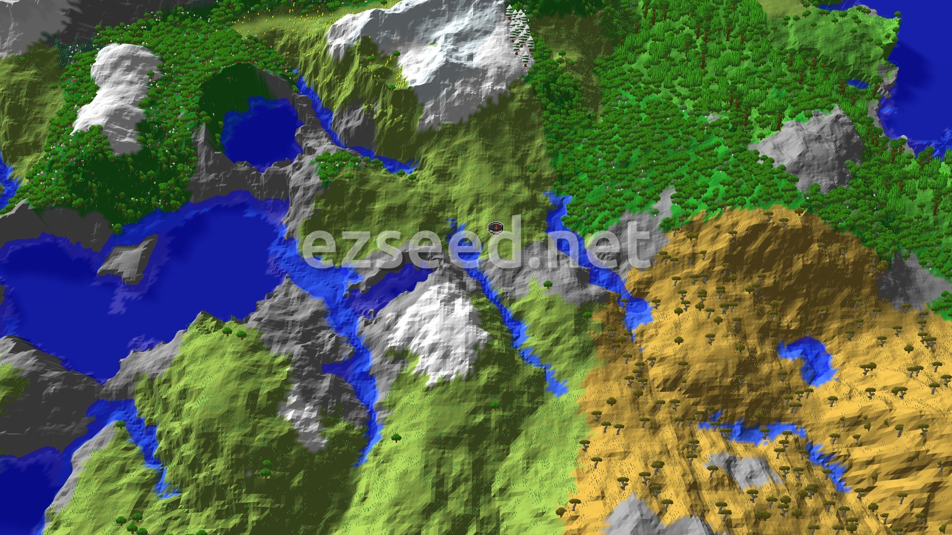 A diverse landscape featuring a mix of green plains and forests, rocky mountains with snowy peaks, and a warm savanna, all traversed by rivers and lakes.