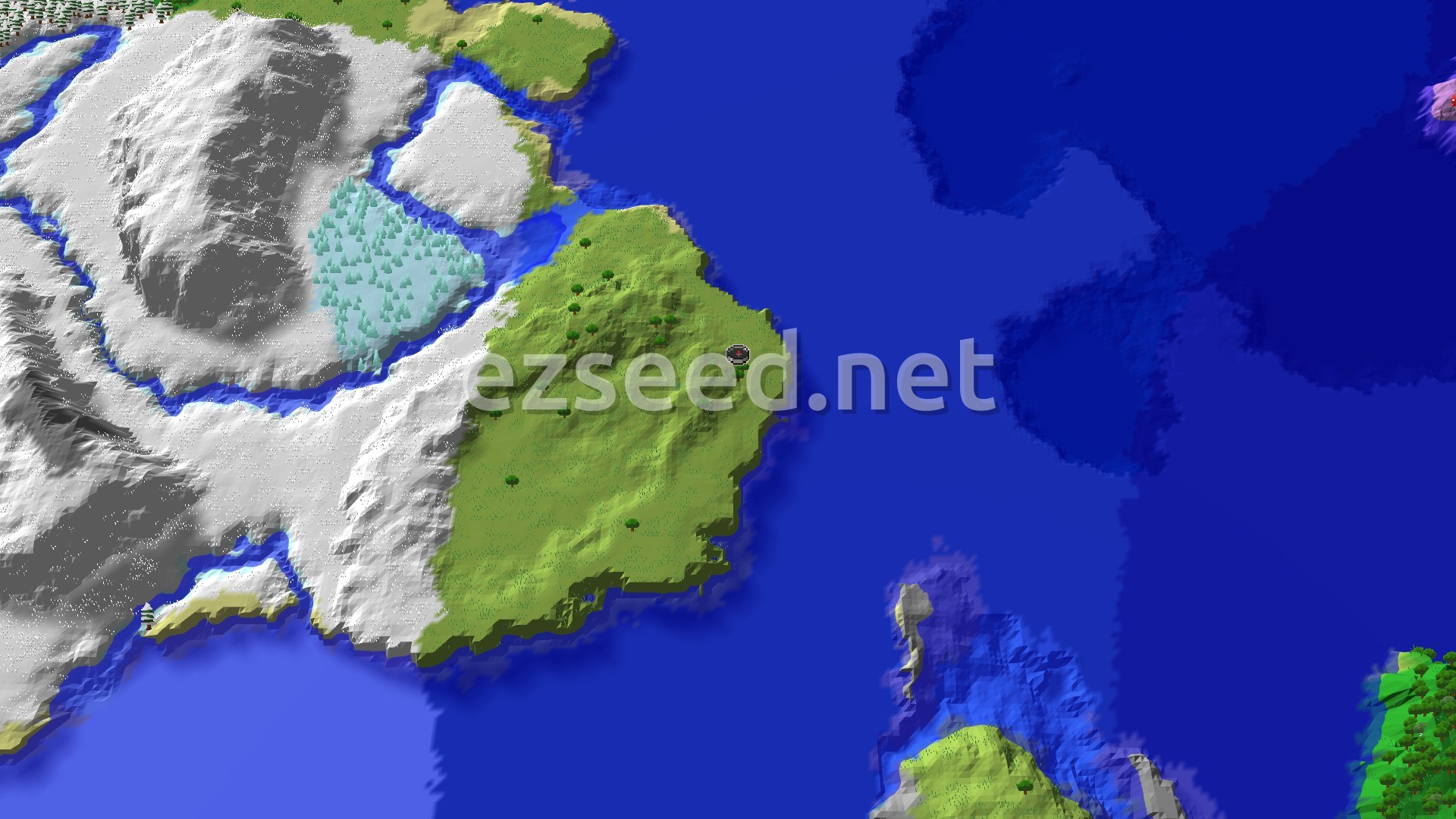 A 3D fly-over of a varied landscape, showing a large green landmass in the foreground with scattered trees, a dark blue ocean, and a snow-capped mountain range with a patch of light blue trees in the background.