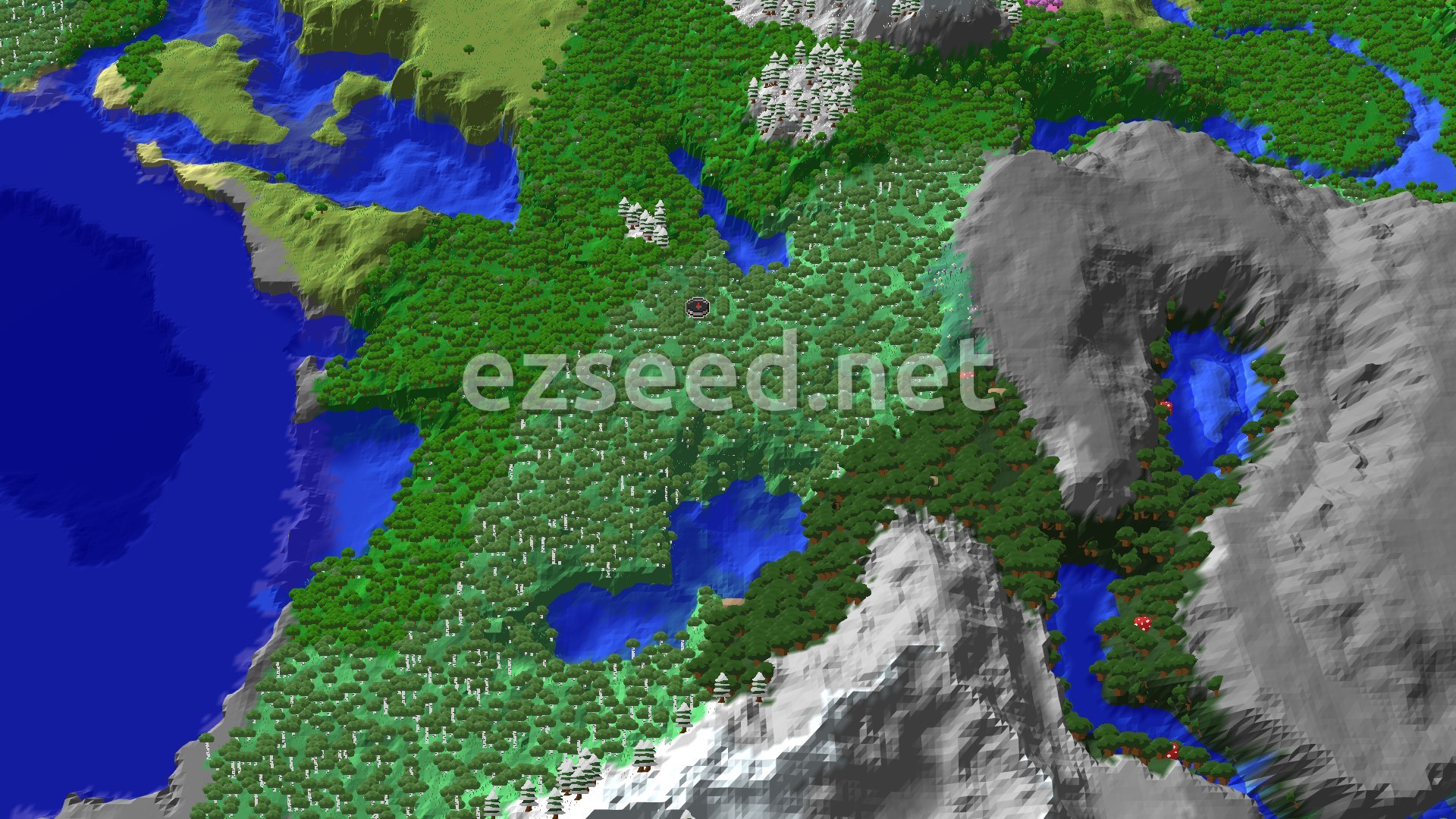 A 3D overhead view of a diverse Minecraft landscape featuring a central forested area with a small spawn marker, surrounded by lakes, rivers, snowy mountains, and a distant ocean.